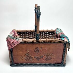 Vintage Wicker Carrying Basket with Stencil Painting Fabric Lining, Philippines